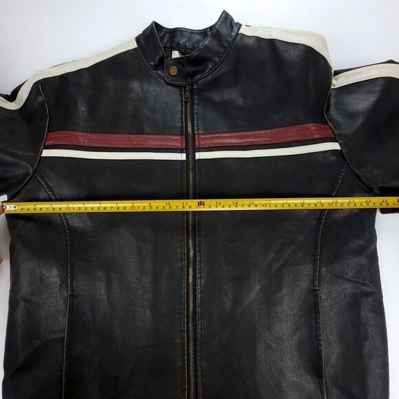 Vintage 90's Brown Cafe Racer Striped Moto Biker PVC Faux Leather Jacket Medium - Picture 4 of 6